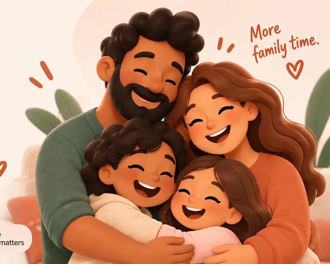 An illustrated family of four hugging and laughing, with the words More family time.
