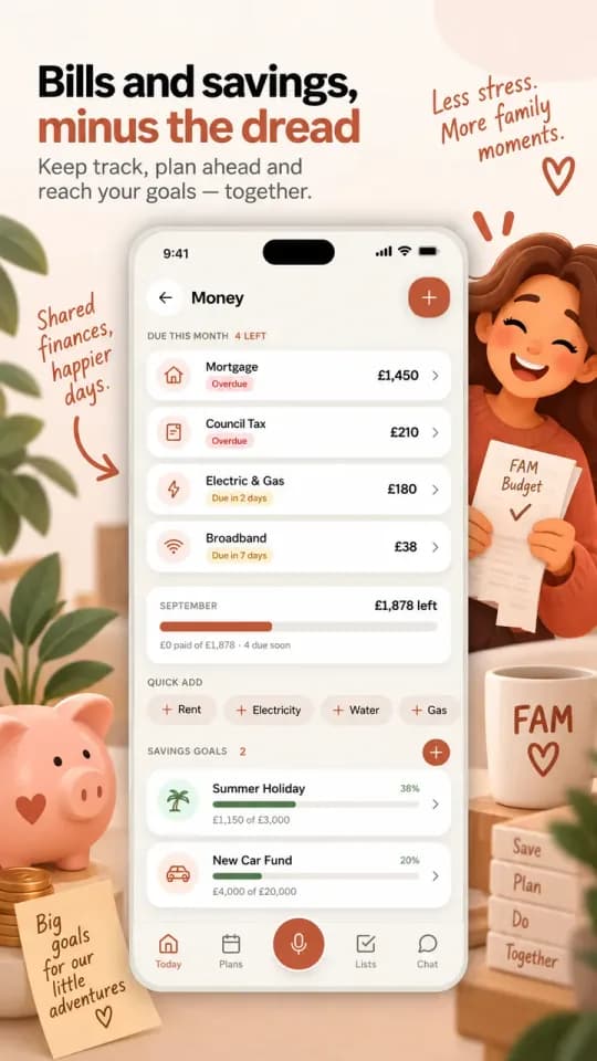 FAM money screen with bills due this month and savings goals. Bills and savings, minus the dread.