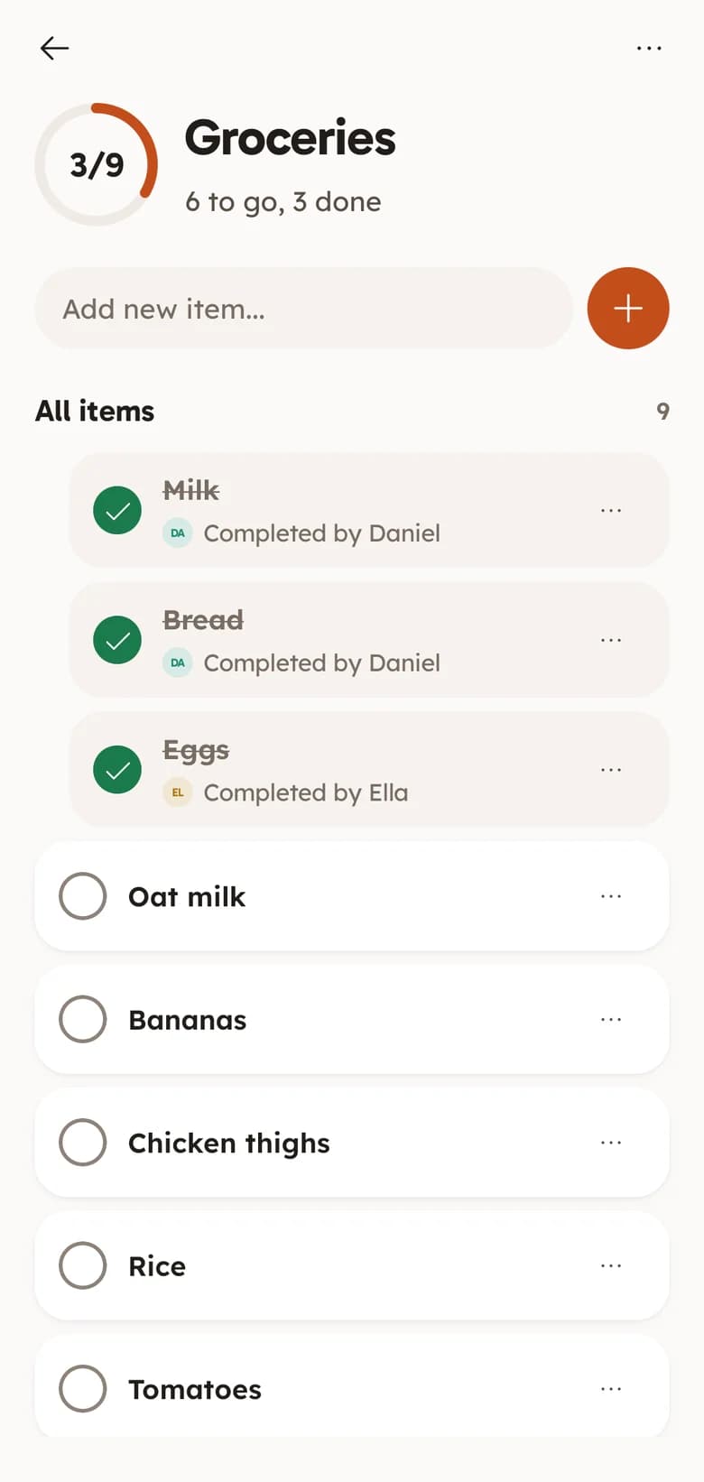 FAM's Groceries list: three of nine done, milk and bread ticked off by Daniel and eggs by Ella, with oat milk, bananas, chicken thighs, rice and tomatoes still to get.