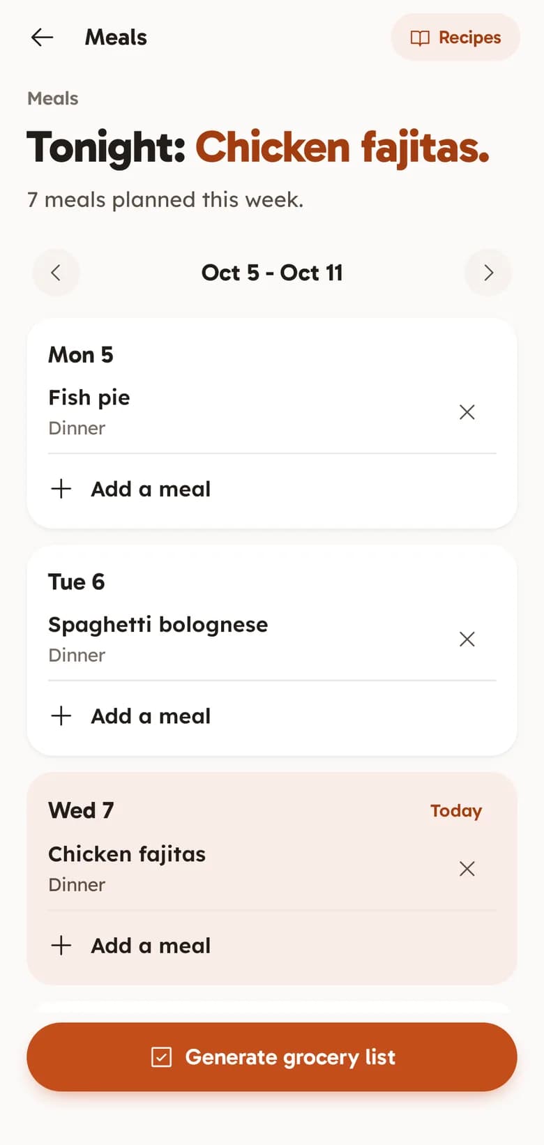 FAM's Meals screen: Tonight, chicken fajitas, with 7 meals planned this week. Fish pie on Monday, spaghetti bolognese on Tuesday and chicken fajitas today, with a Generate grocery list button.