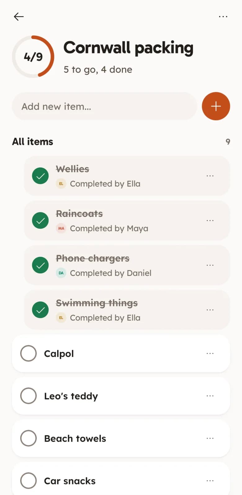FAM's Cornwall packing list, 4 of 9 done: wellies and swimming things packed by Ella, raincoats by Maya and phone chargers by Daniel, with Calpol, Leo's teddy, beach towels and car snacks still to go.