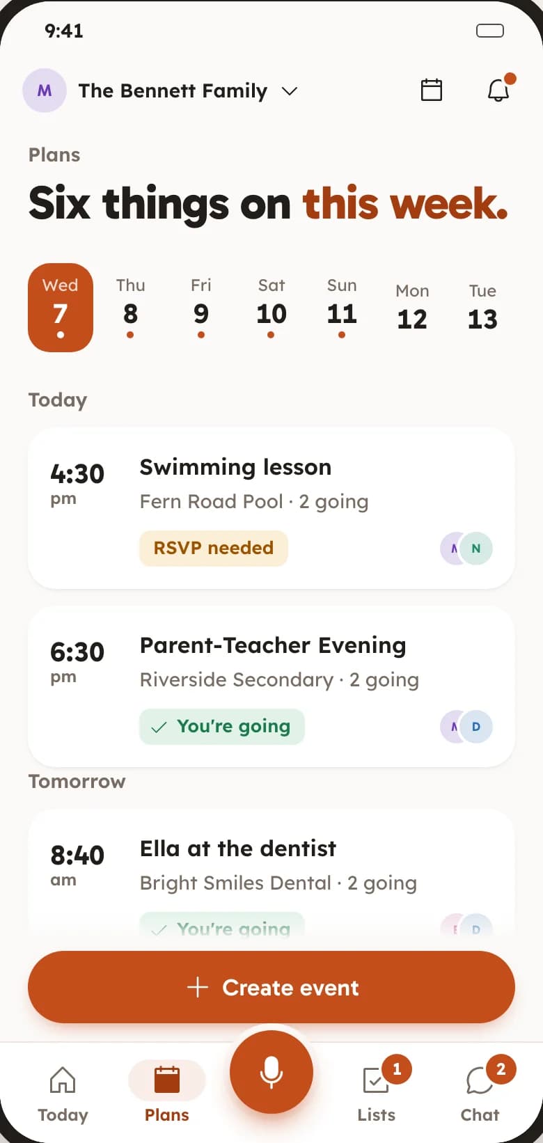 FAM's Plans screen for the Bennett Family: six things on this week, a swimming lesson at 4:30pm that needs an answer, parents' evening at 6:30pm you're going to, and Ella at the dentist tomorrow at 8:40am.