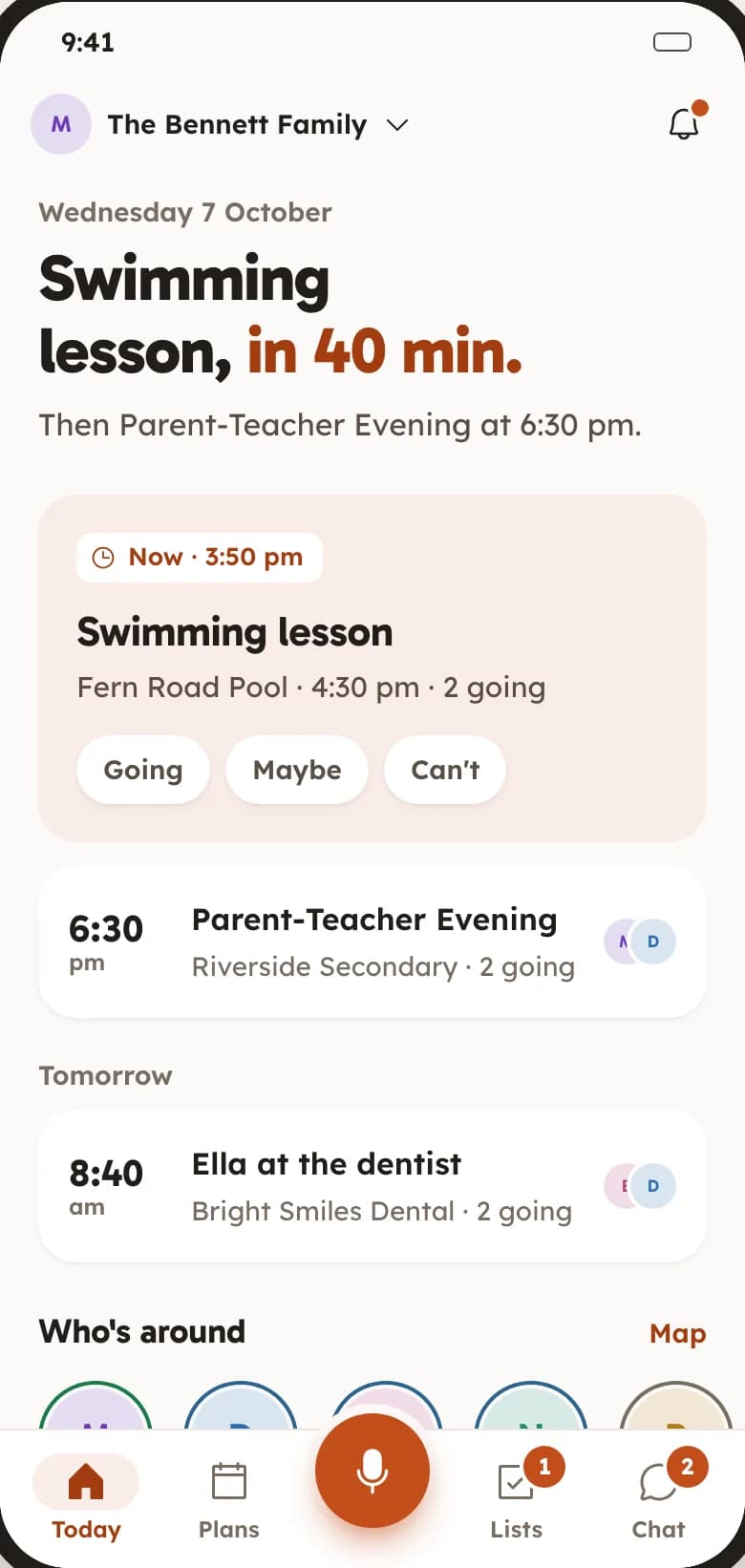 The FAM app on a phone, open on Today: a swimming lesson in 40 minutes with Going, Maybe and Can't buttons, then Parent-Teacher Evening at 6:30 pm.