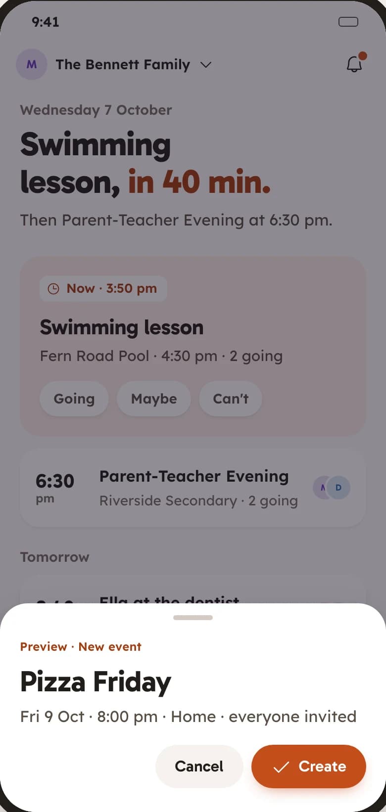 FAM after hearing Pizza Friday at 8: a sheet showing the new event, Friday 9 October at 8 pm at home, with Create and Cancel buttons.