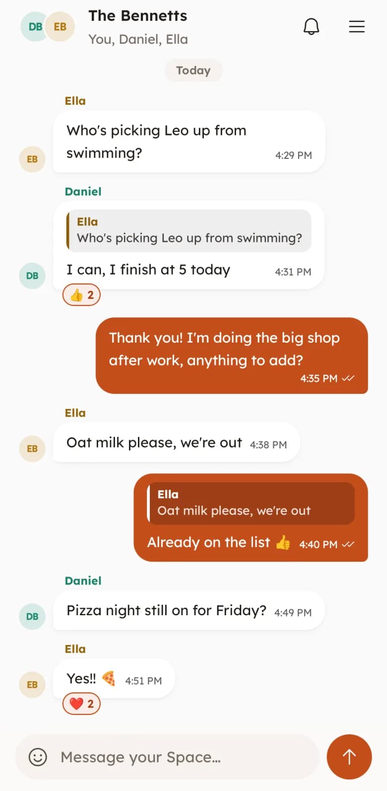 FAM's Chat screen for The Bennetts. Ella asks who is picking Leo up from swimming, Daniel replies that he can, with two thumbs up, and Ella asks for oat milk.