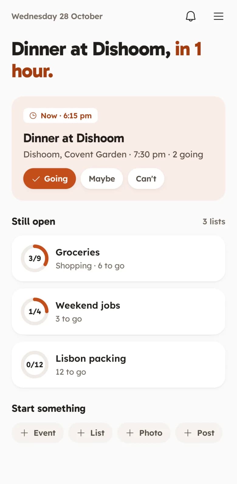 FAM's Today screen for Sam and Alex: Dinner at Dishoom in 1 hour, with both going, then their open lists: Groceries 3 of 9 done, Weekend jobs 1 of 4 and Lisbon packing.