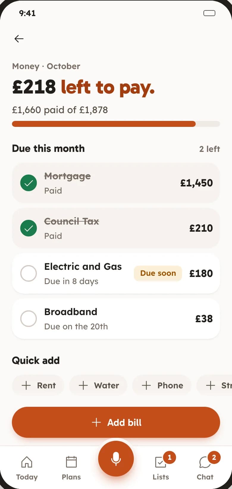 FAM Money screen: 218 pounds left to pay this month, with each bill ticked off as it is paid, and who owes whom.
