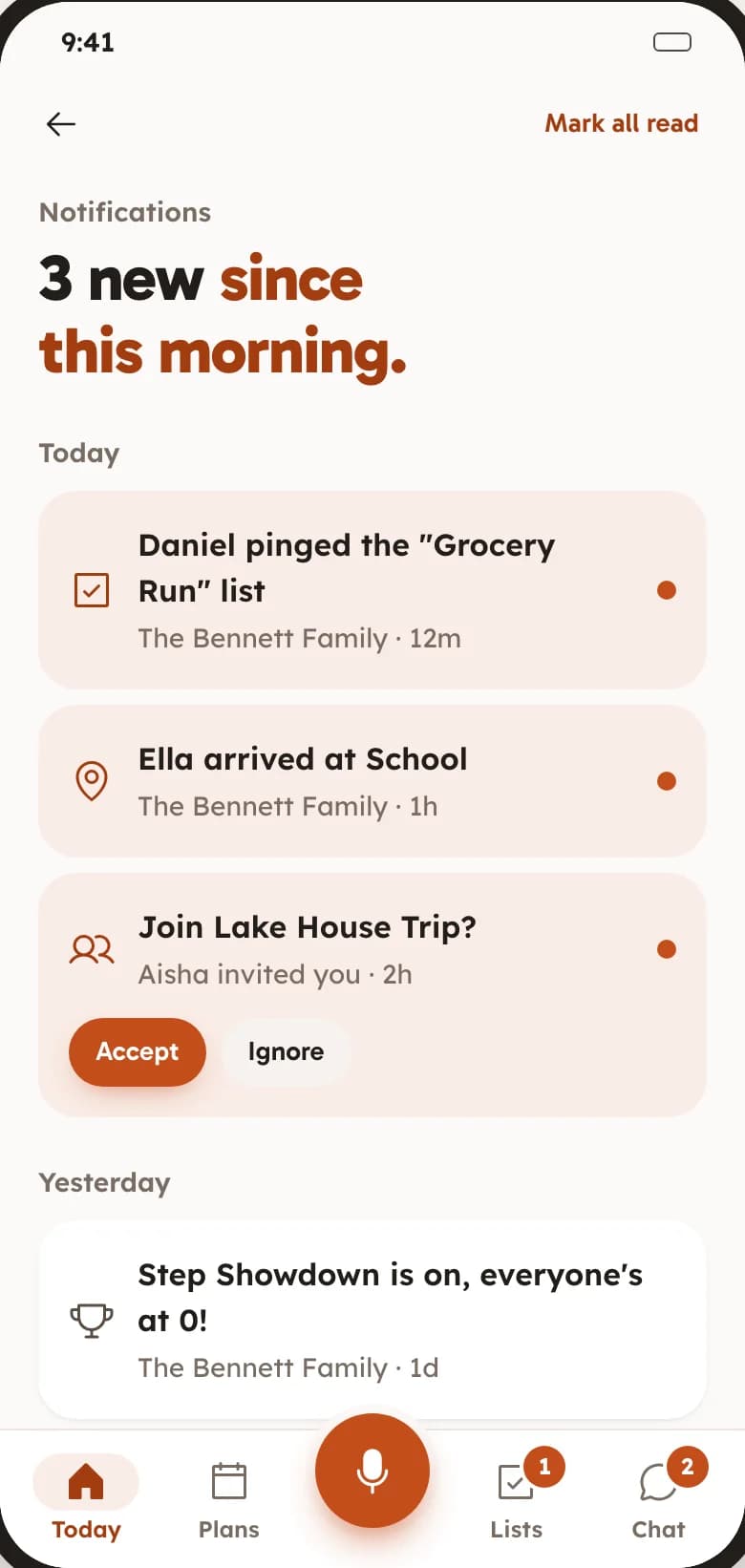 FAM Notifications screen: three new since this morning, with an invitation to a Space that can be accepted in place.