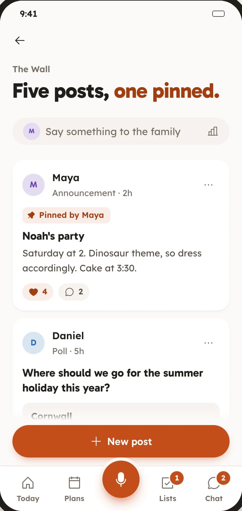 FAM Wall screen: a pinned announcement about a birthday party, and a poll asking where to go for the summer holiday.