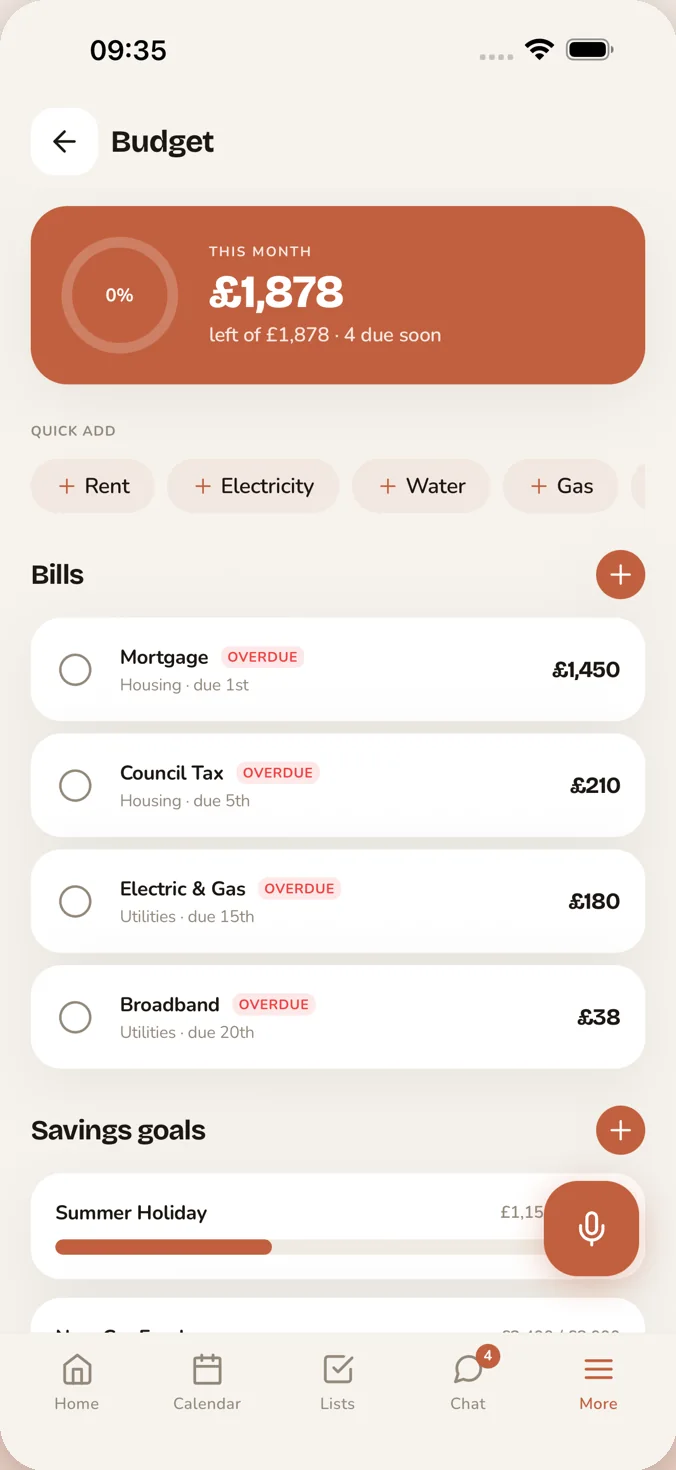 FAM budget screen with shared bills and savings goals