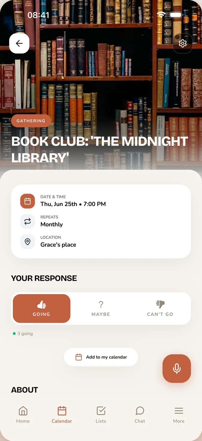 FAM event screen with cover photo, RSVP buttons and details