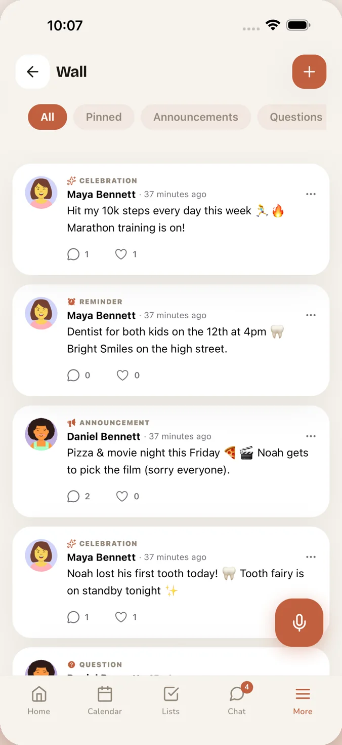 FAM wall feed with celebrations, reminders and announcements